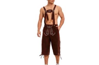 Mens Lederhosen Shorts with Detachable Suspenders, Embroidered Oktoberfest Costume, XL