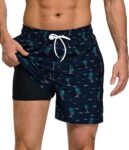 Mens Swimming Shorts with Compression Liner Mens Swim Shorts Trunks Quick Dry 2 in 1 Board Shorts with Zipper Pockets, S-XXL