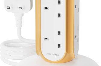 MiaoLab Tower Extension Lead 6 Way (6 Gang), 13A 2990W, 1420J Surge Protected Extension Lead, Overload Cut-Off, Switched Plug Tower, 2m Extension Cable, 850C Flame-Retardant Housing, Weighted Base