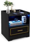 Multigot LED Bedside Table, Smart Storage Nightstand Cabinet with 2 USB Ports, Drawer and Storage Shelf, Wooden Sofa Side End Table for Bedroom, Living Room and Office (1, Black)