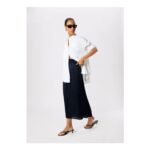 Navy Plisse Column Midi Skirt