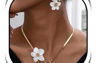 Novearring Floral Jewelry Set Gold White Flower Earrings and Necklace