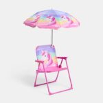 OHS Kids Camping Chair Unicorn, Kids Beach Chair with Umbrella Lightweight Comfy Steel Frame Folding Childrens Camping Chairs Perfect for Camping Trips Beach Garden, Pink
