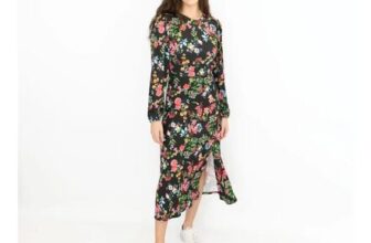 Oasis Slinky Black Jersey Floral Long Sleeve Split Midi Dress