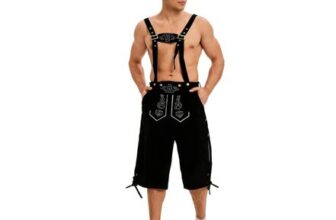 Oktoberfest Lederhosen Shorts with Braces, Embroidered, Black, Mens, Size L