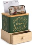 Orionstar Recipe Box Set with Wooden Drawer, Phone Stand, Vintage Green
