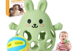 Orzbow Teething Mitten with Rattle – Silicone Bunny Teether Olive Green
