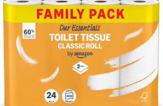 Our Essentials by Amazon Toilet Tissue Classic Roll, 2-ply, 24 Rolls (1 Pack of 24), 200 Sheets per Roll