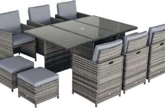 Outsunny 10 Seater Rattan Cube Garden Furniture Set for Patio Mixed Grey Parasol Hole, Rattan Dining Set, Cushions, Outdoor Dining Table and Chairs, Rectangular Glass Top Table