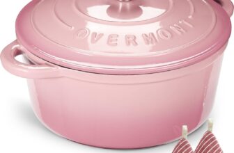 Overmont 26cm/5.2L Enamelled Cast Iron Round Casserole Pot With Lid Cookbook & Cotton Potholders – Non-stick Dutch Oven Cookware for Braising, Stews, Roasting, Bread Baking – Pink, 5.5QT