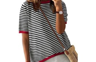 PASUDA Womens Short Sleeve Round-Neck Striped Knit Tee Black XL