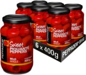 PEPPADEW Peppers, Sweet Whole Piquanté Peppers, Vegan, Gluten Free, Mild Spice, Ideal for Tapas, Bar Snacks and Nibbles, Pack of 6 Jars x Jar 400 g