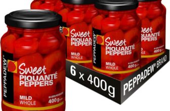PEPPADEW Peppers, Sweet Whole Piquanté Peppers, Vegan, Gluten Free, Mild Spice, Ideal for Tapas, Bar Snacks and Nibbles, Pack of 6 Jars x Jar 400 g