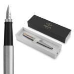 Parker Jotter Fountain Pen Stainless Steel with Gold Trim Medium Nib Blue Ink Includes Gift Box (Like New)