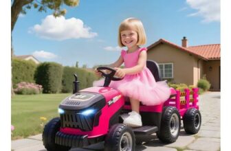 Pink AIYAPLAY Ride-on Tractor and Trailer, 12V Electric
