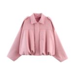 Pink Faux Suede Bomber Jacket for Women with Batwing Sleeves