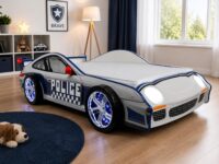 Police Car Bed for Kids White Blue LED Lights
