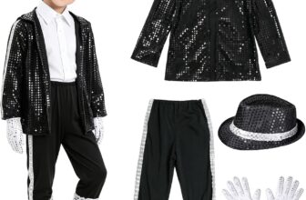 Pop Star Costume Sets Fancy Dress Kids, 80s King of Pop Disco Outfits Halloween Costume Set, Sequin Pants Tailcoat Hat Sunglasses Gloves, Stage Dance Wear Show 80s Disco Retro Cosplay Outfit