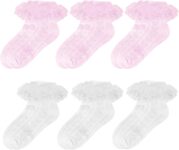 QKURT 6 Pairs Girls Frilly Ankle Socks, Kids White Ballet Ruffle Lace Socks Baby Girls Childrens Dance Laces Cotton Sock Multicolor Laces Ballet Sock Little Ladies Lace Dance Stockings 1-9 Years