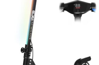 RCB R12 Electric Scooter for Kids age 6-12, Up to 9.3 mph & 6.2 Miles, 6.5 Foldable Electric Scooter, LED Display,LED Rainbow Light,Two Types of Braking,Gift for Kids