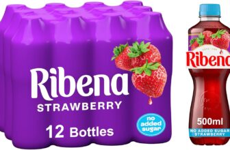 Ribena Strawberry Juice Drink No Added Sugar 500ml – Multipack of 12 Real Fruit Rich In Vitamin C No Artificial Colours or Flavours Fruity Refreshment Ready To Drink 100% Recycled