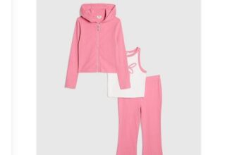 River Island Girls Set Pink Bow Ribbed 3 Piece Hooded Zip