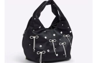 River Island Womens Grab Bag Black Satin Diamante Bow Popper