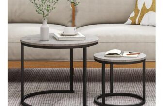 Round Nesting Tables Set of 2, Wood Top, Metal Frame