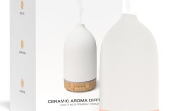 SALUBRITO Ceramic Essential Oil Diffuser, 100ml Ultrasonic Aromatherapy Diffuser for Home, Office, Cool Mist, Scented Oil Diffuser with Warm Light & Timer Setting, Great for Yoga, Sleep, White