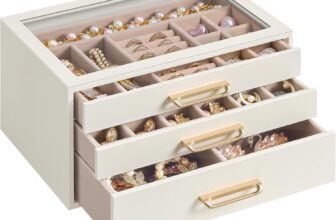 SONGMICS Jewellery Box, 3-Layer Jewellery Storage Organiser with Glass Window, 3 Drawers, Large Capacity, Modern, Golden Handles, Gift Idea, 16 x 24 x 12.5 cm, Cream White JBC206WD01
