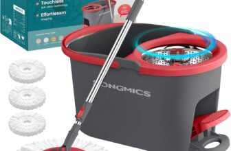 SONGMICS Spin Mop Bucket Set with Pedal Wringer, Floor Cleaning Mop, Adjustable Telescopic Handle 122.5-150 cm, 360 Rotating Head, 3 Microfibre Pads, Grey and Red LMB002GT03