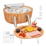 STBoo 2-Person Picnic Basket, Insulated Wicker Hamper with Table, Beige