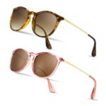 SUNGAIT 2 Pairs Vintage round Sunglasses for Women Amber/Brown Polarized