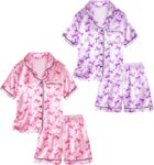 Satin Pyjamas for Girls, 4-Piece Short Sleeve Button Down Silky PJ Set