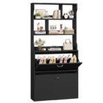 Shoe Cabinet 2 Flip Drawers, Slim Shoe Storage Cabinet, Black & White