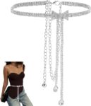 Silver Rhinestone Waist Chain Belt Sparkling Crystal Metal Bow Pendant Fashion Decorative Adjustable Belly Body Chains for Women Ladies Jewellery Summer Beach Bikini Dress Decor Trousers