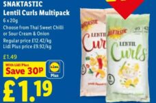 Snaktastic Lentil Curls Multipack 6x20g – Thai Sweet Chilli / Sour Cream & Onion – Lidl Plus Price