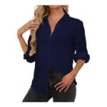 Spring Womens Blouse & Shirt, Long Sleeve Button-Down, Chiffon, Navy