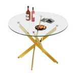 TOTEBOX 90cm round Dining Table with Tempered Glass Top, Golden