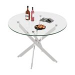 TOTEBOX Modern round Glass Dining Table, 90cm, Cross Legs, Silver