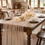 Table Runner Beige 75×300 cm Sheer Cheesecloth Table Runner Lace Tablecloth Table Decoration with Pearl and 3D Butterfly Gauze Table Runners Summer Seasonal Table Decor for Kitchen Dining Wedding