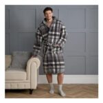 Tartan Check Print Teddy Dressing Gown, Adults – Charcoal