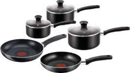 Tefal Essential Non-Stick 5-Piece Pan Set, Glass Lids, Black