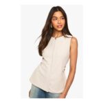 Textured Gold Button Cinched Waist Sleeveless Waistcoat