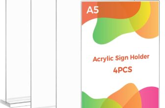 Thboxes 4 Pack A5 Acrylic Sign Holder, T-Shaped Double-Side Display Stand Clear Menu Frame, Poster Sleeve, Freestanding Base, for Office, Hotel, Store, Restaurant, Reception, Cafe, Retail, Events