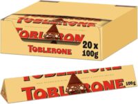 Toblerone Milk Chocolate Bar Multipack, Swiss Chocolate with Honey and Almond Nougat, 20 x 100g Bar Per Box