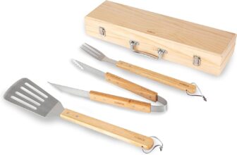 Tower BBQ 4 Piece Tool Set with Wooden Handles and Carry Case, Stainless Steel, T932005