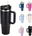 Travel Mug Coffee Cup 40oz Tumbler Straw Lid and Handle, Stainless Steel Double Wall Vacuum Insulated Coffee Water Bottle Thermal for Cold Hot Coffee 1200ml (Black)
