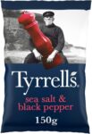 Tyrrells Crisps SEA SALT & BLACK PEPPER Sharing Crisps 150g Bag – Hand-cooked & spun for an exquisite fresh taste. No artificial flavour, colours or MSG