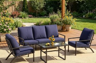 U-MAX 5 Seater Outdoor Garden Furniture Set, Patio Metal Fram,Dark Blue 3-Seater Sofa & 2 Armchairs with Coffee Table, Weather Resistant Patio Lounge Set for Garden, Patio, Balcony & Poolside